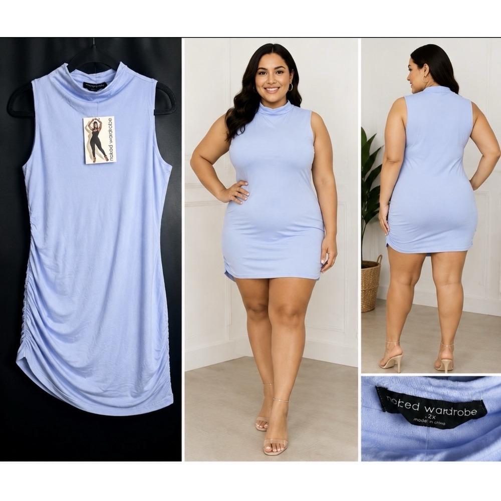 Naked Wardrobe Women's 2X Powder Blue Sleeveless Mock Neck Mini Dress NWOT